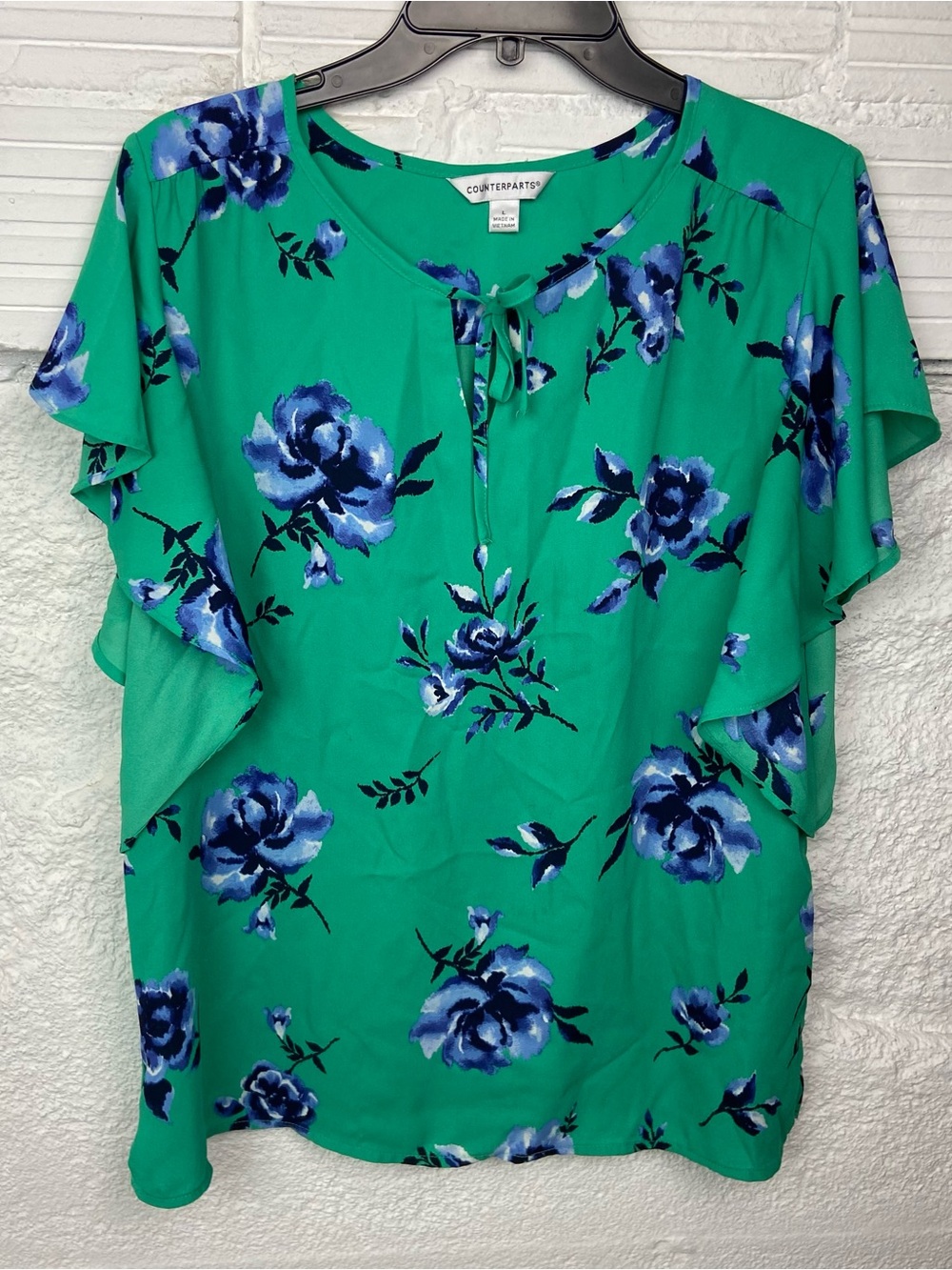 Counterparts Teal-Green Floral Tie-Front Ruffle Sleeve Blouse size large